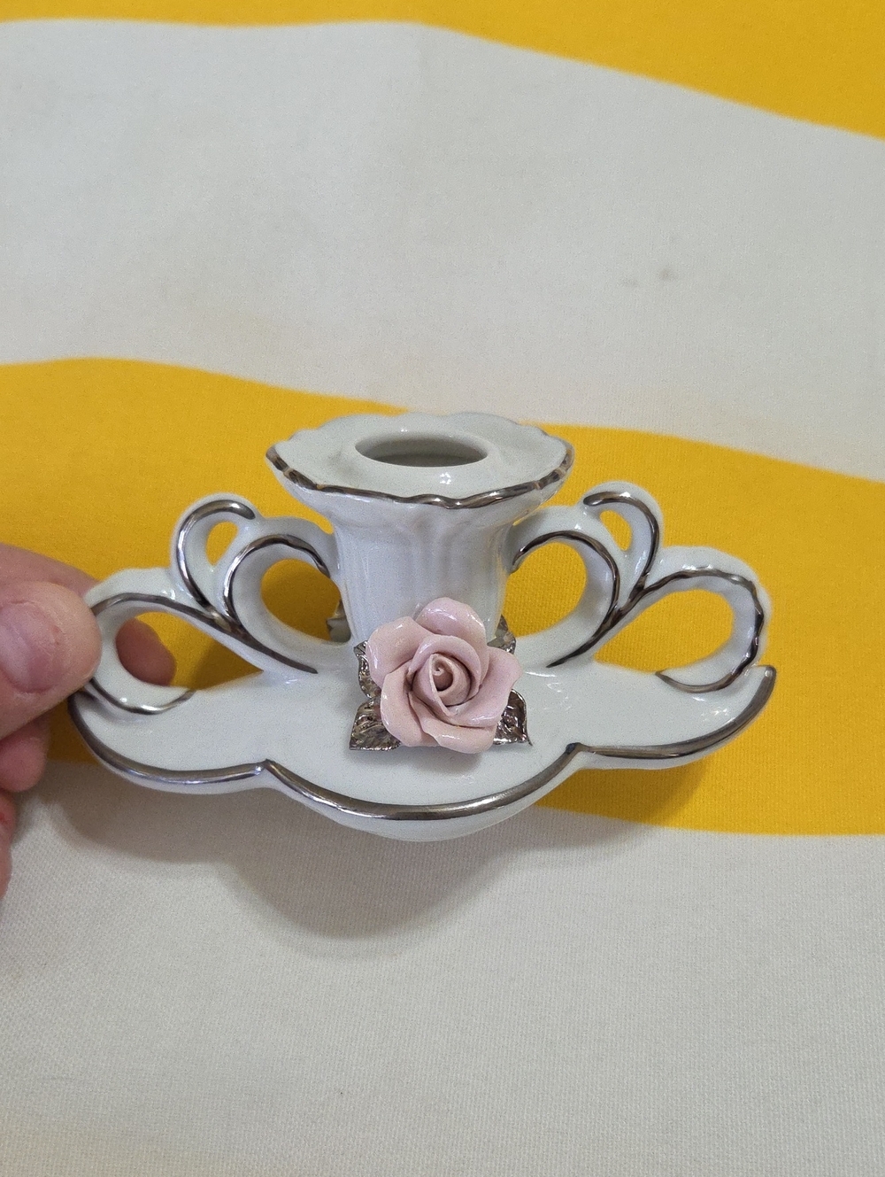 Vintage Dresden Germany Porcelain Candle Holder Pink Rose Silver Trim Rococo